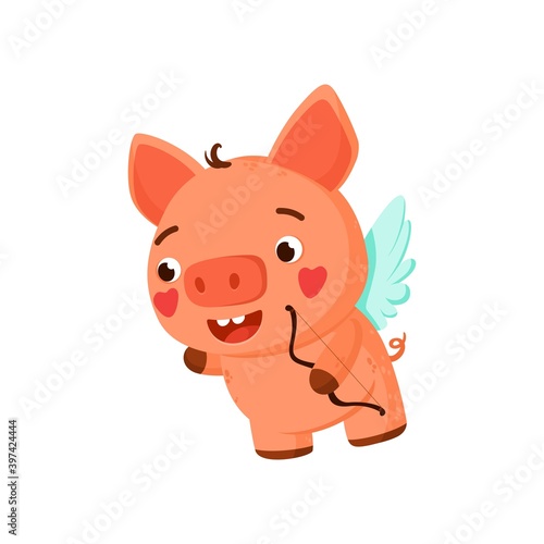 Valentine's day clipart. Cute piglet as a cupid. Declaration of love. Vector printable illustration with cartoon characters