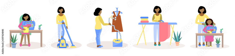 Housework.Young African-American woman cleans the house, irons clothes, sews, and helps her daughter with her homework. Vector set of Housework illustrations in flat style isolated on white background Housework.Young African-American woman cleans the house, irons clothes, sews, and helps her daughter with her homework. Vector set of Housework illustrations in flat style isolated on white background
