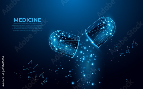 Pills. Abstract polygonal wireframe capsule pills on blue background. Medical, pharmacy, health, vitamin, antibiotic, pharmaceutical, treatment concept illustration or background