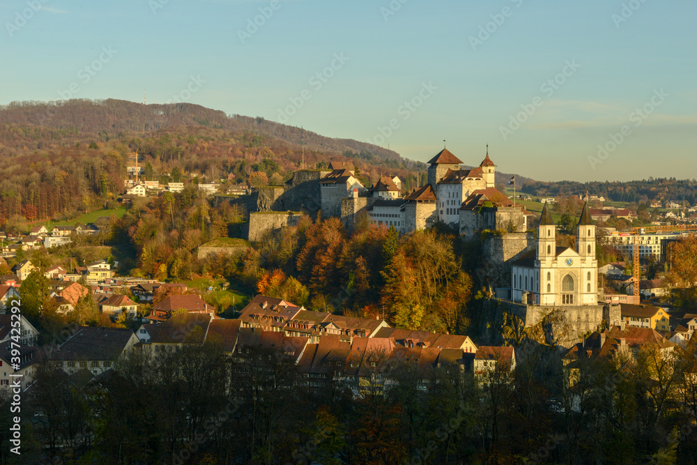 The medieval fort and church of Aarburg in Switzerland