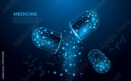 Pills. Abstract polygonal wireframe capsule pills on blue background. Medical science, genetic biotechnology, chemistry biology, gene cell concept vector illustration. 