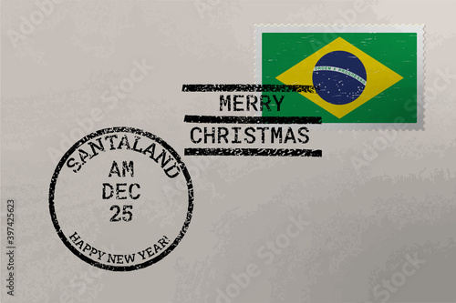 Postage stamp envelope with Brazil flag and Christmas and New Year stamps, vector