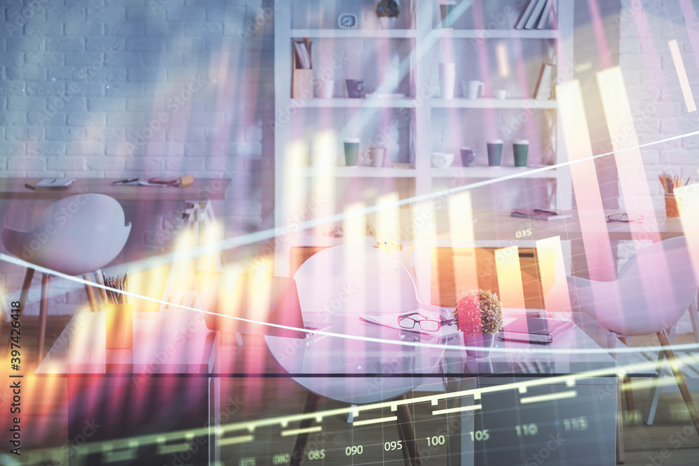 Fototapeta premium Double exposure of financial graph drawing and office interior background. Concept of stock market.