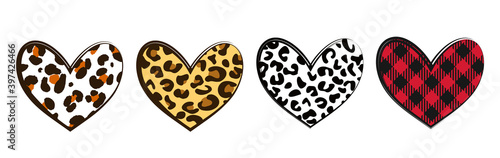 Leopard Heart. Hearts with buffalo plaid and wild animal skin background. Valentines Hearts, Plaid Heart, Leopard Heart for t-shirt. Happy Valentines Day. 
