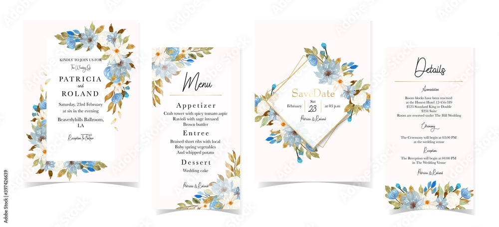 Set Of Elegant blue and white floral wedding invitation
