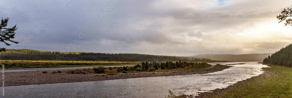 northern river in a forest area in the subpolar urals