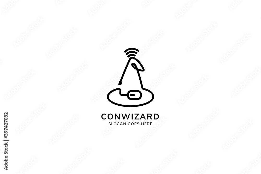connected wizard logo design template. outline style use black monochrome. the idea are combination wizard hat, signal symbol with mouse and computer cable. connected wizard logo design template. outline style use black monochrome. the idea are combination wizard hat, signal symbol with mouse and computer cable.