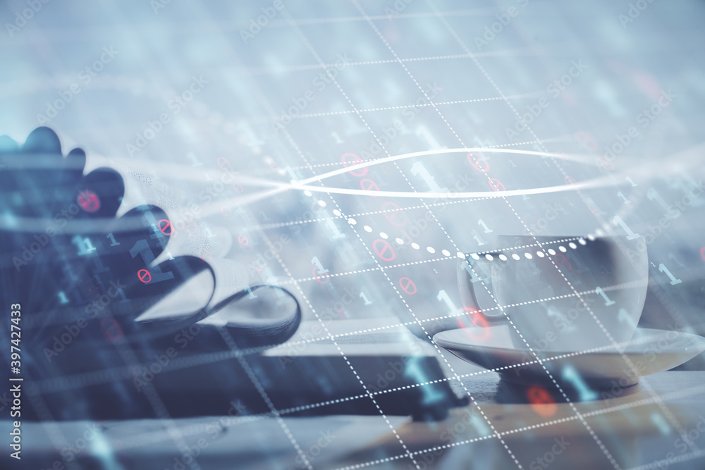 Double exposure of financial chart drawing and desktop with coffee and items on table background. Concept of forex market trading Double exposure of financial chart drawing and desktop with coffee and items on table background. Concept of forex market trading
