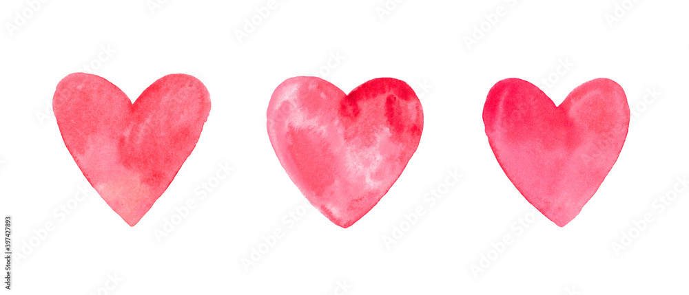set of watercolor hearts red