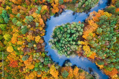 Aerial view of colorful autumn forest and blue river, Poland