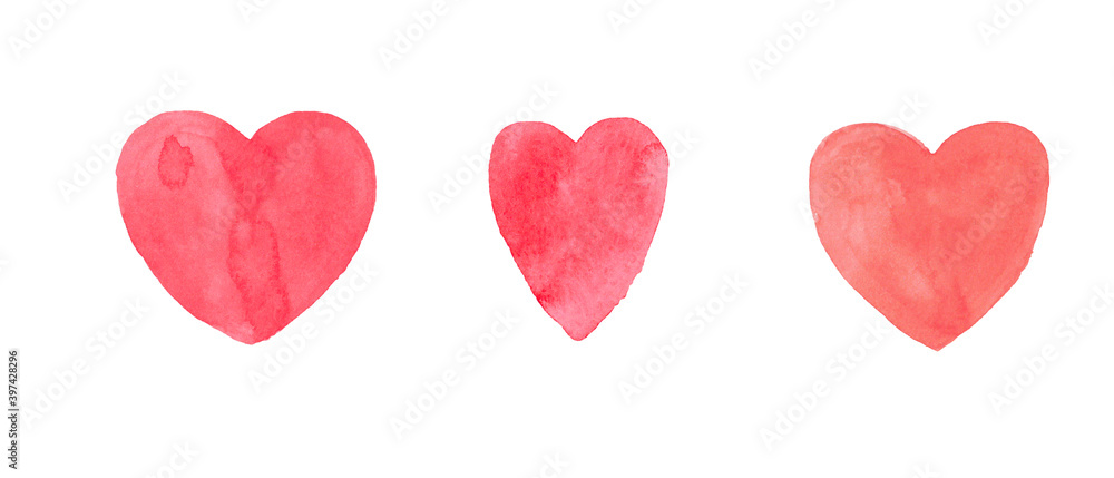 set of watercolor hearts red two