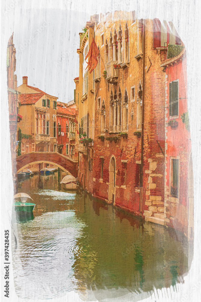 Grand Canal and buildings in Venice, watercolor painting