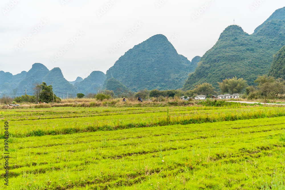 Mountains and farmland in Guilin, Guangxi Province, China