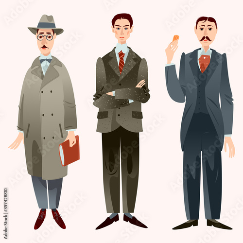 Fernando Pessoa (Portugal), Franz Kafka (Bohemia), Marcel Proust (France). Famous literary modernist writers. Seamless background pattern. Vector illustration