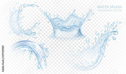 Realistic water splash set isolated on light transparent background. Blue liquid waves. Vector illustration design.