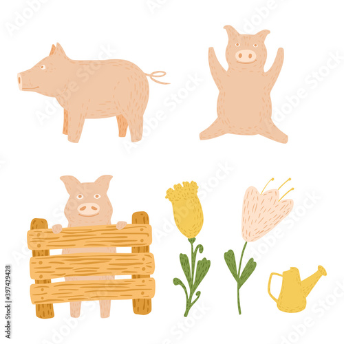 Set pigs on farm on white background. Funny cartoon character with fence, flowers and yellow watering can in doodle style.