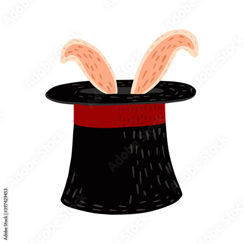 Magic hat with rabbit isolated on white background. Cartoon magic element for celebration hand drawn sketch black color.