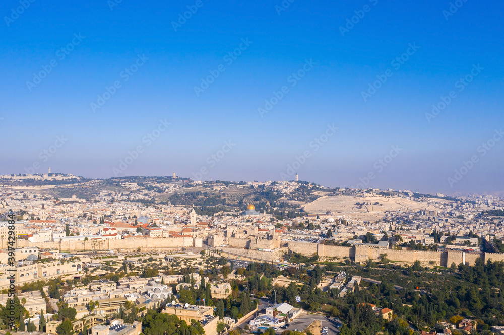 Jerusalem old city rooftops and The Dome of The Rock, Aerial view.
