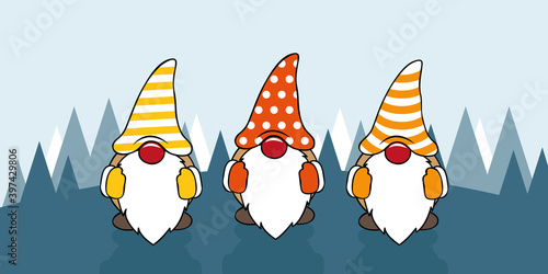 three cute christmas gnomes with funny caps cartoon vector illustration EPS10