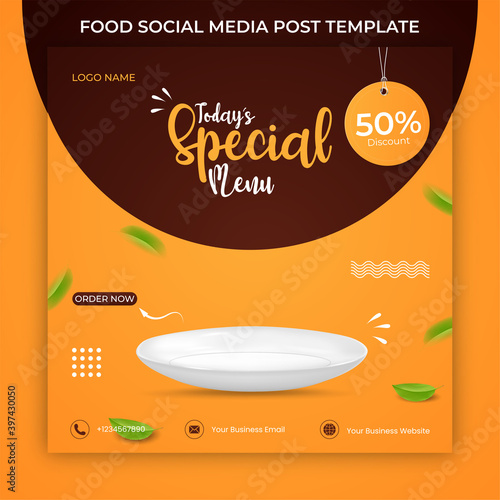 food social post template. illustration vector with realistic white plate.