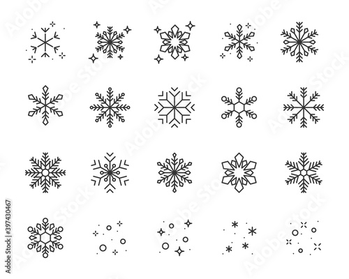 set of snowflake thin line icons, snow, winter, season