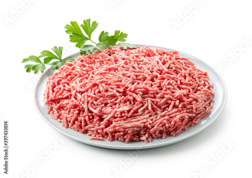 Minced meat served on a plate on a white background