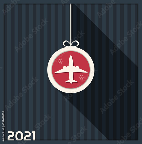 2021 Happy New Year Greeting Card With Christmas Ball And Airplane
