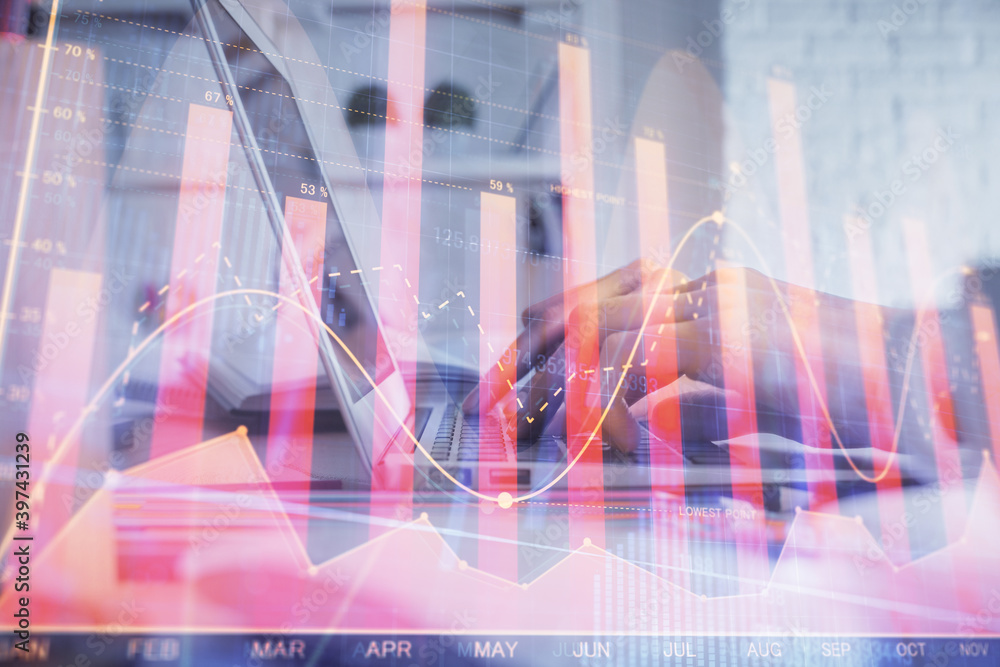Double exposure of woman hands typing on computer and forex chart hologram drawing. Stock market invest concept. Double exposure of woman hands typing on computer and forex chart hologram drawing. Stock market invest concept.
