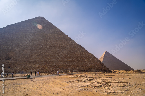 Sunrise at the pyramid of Cheops the largest pyramid. The pyramids of Giza the oldest funerary monument in the world. In the city of Cairo  Egypt