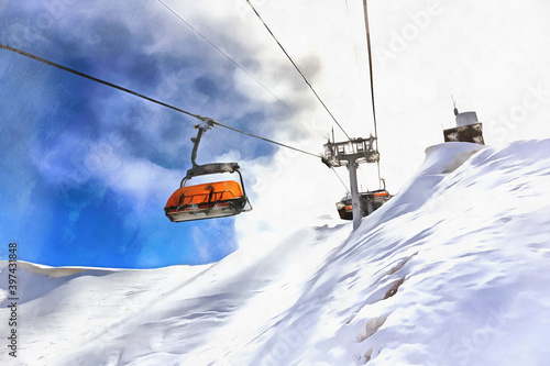 Beautiful winter mountain landscape at ski resort with elevato
