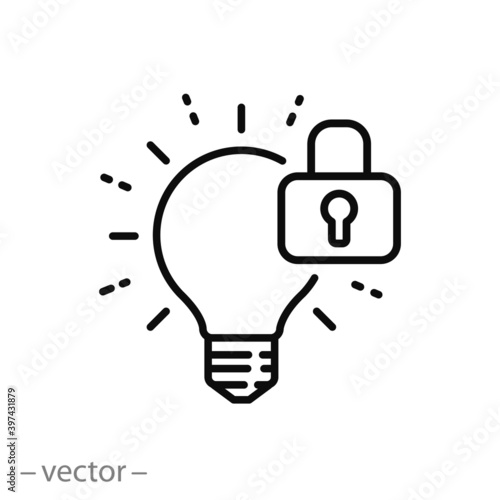 protect intellectual property, private patent icon, lightbulb with padlock, innovation invention concept, thin line symbol on white background - editable stroke vector illustration