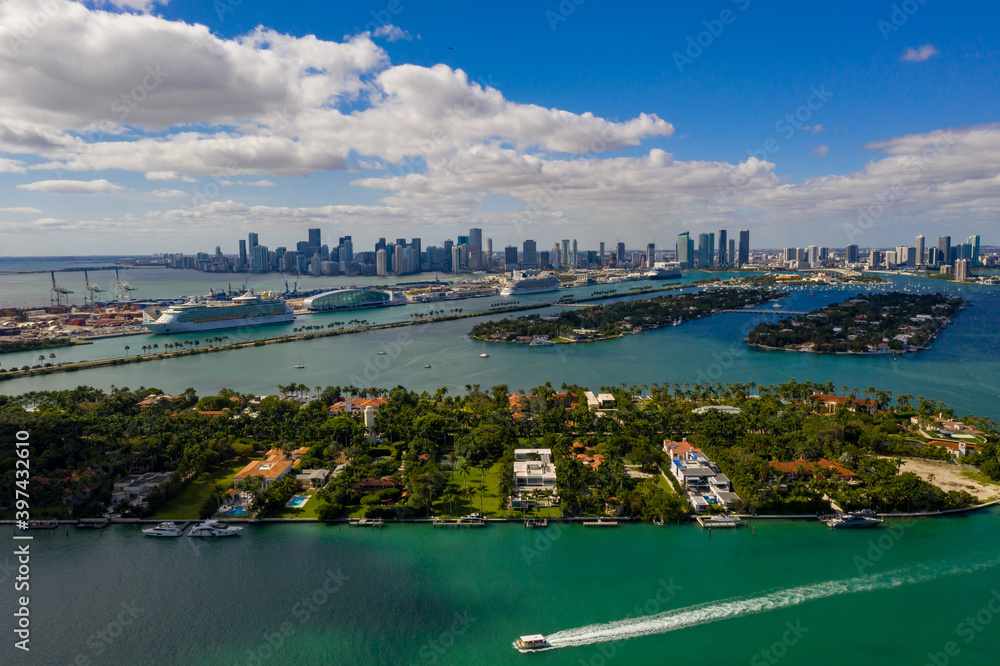 Miami aerial tour photo islands and Downtown in distance port on the left