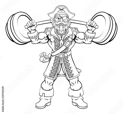 A pirate weight lifting a barbell cartoon sports training mascot character