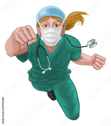 A super hero woman doctor or nurse concept. A female medical healthcare professional as a superhero flying through the air. Wearing face mask PPE