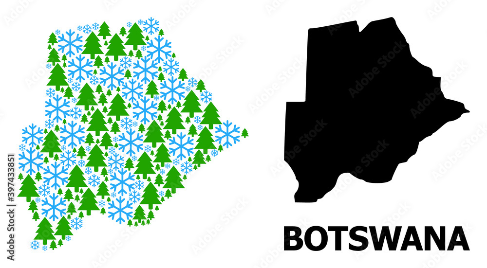 Vector collage map of Botswana constructed for New Year, Christmas, and winter. Mosaic map of Botswana is constructed from snowflakes and fir forest.