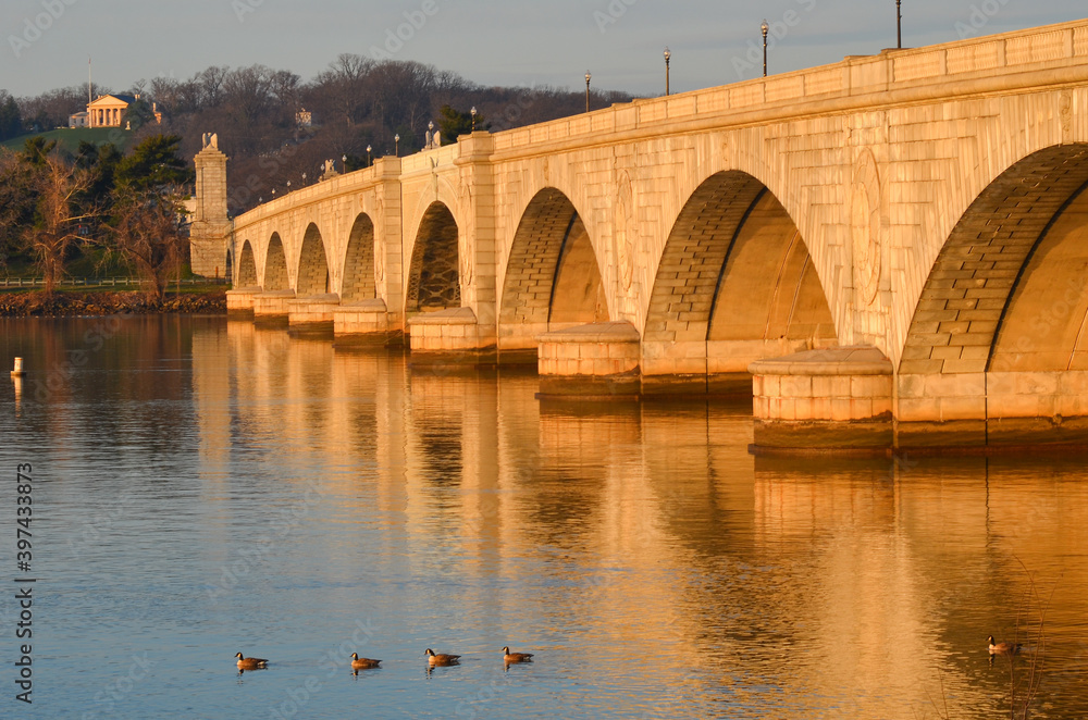 Memorial Bridge over Potomac River and duck family ride  - Washington D.C. United States of America
