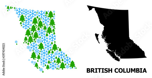 Vector collage map of British Columbia Province organized for New Year, Christmas, and winter. Mosaic map of British Columbia Province is organized of snow flakes and fir forest.