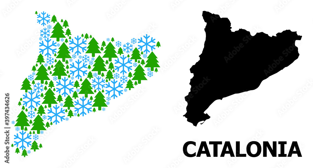 Obraz premium Vector mosaic map of Catalonia constructed for New Year, Christmas, and winter. Mosaic map of Catalonia is constructed of snowflakes and fir trees.