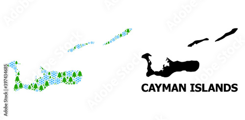 Vector mosaic map of Cayman Islands created for New Year, Christmas, and winter. Mosaic map of Cayman Islands is done with snow and fir trees.