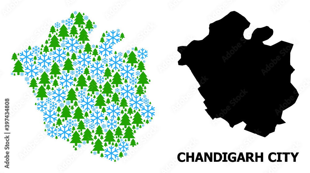 Obraz premium Vector mosaic map of Chandigarh City organized for New Year, Christmas, and winter. Mosaic map of Chandigarh City is organized with snowflakes and fir trees.