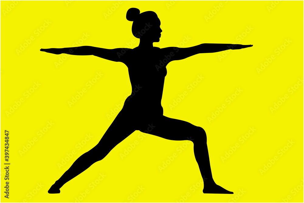 Woman yoga pose.Meditation yoga icon. Yoga pose icon and palm on blue background