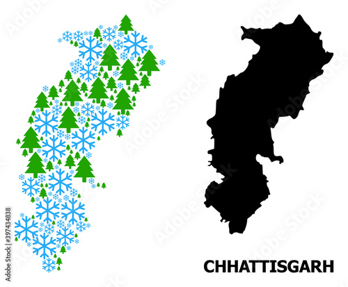 Vector mosaic map of Chhattisgarh State combined for New Year  Christmas  and winter. Mosaic map of Chhattisgarh State is organized from snow and fir trees.
