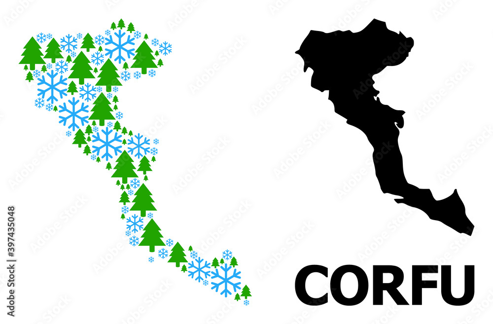 Vector mosaic map of Corfu Island created for New Year, Christmas, and winter. Mosaic map of Corfu Island is constructed of snow flakes and fir forest.