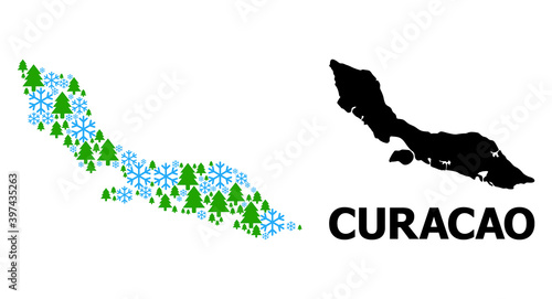 Vector mosaic map of Curacao Island created for New Year, Christmas, and winter. Mosaic map of Curacao Island is formed from snow and fir forest.