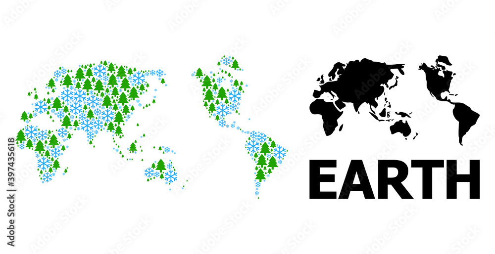 Fototapeta premium Vector mosaic map of Earth combined for New Year, Christmas, and winter. Mosaic map of Earth is constructed with snow and fir-trees. Winter related items are united into abstract mosaic map of Earth.