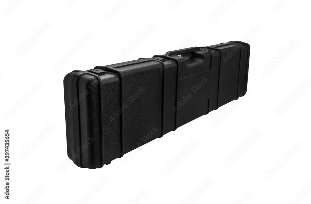 Naklejka premium Black plastic hard case for transporting and storing weapons. Gun container isolate on a white background.