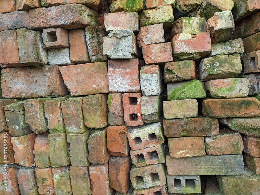 wall of red brick covered with moss wall of red brick covered with moss