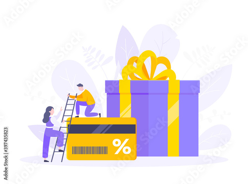 Get loyalty card and customer service business concept flat design vector illustration. Earn loyalty program points and get online reward and gifts. Tiny people with big card and gift box.