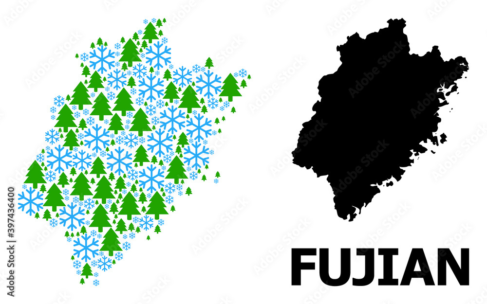 Obraz premium Vector mosaic map of Fujian Province designed for New Year, Christmas, and winter. Mosaic map of Fujian Province is made with snowflakes and fir trees.