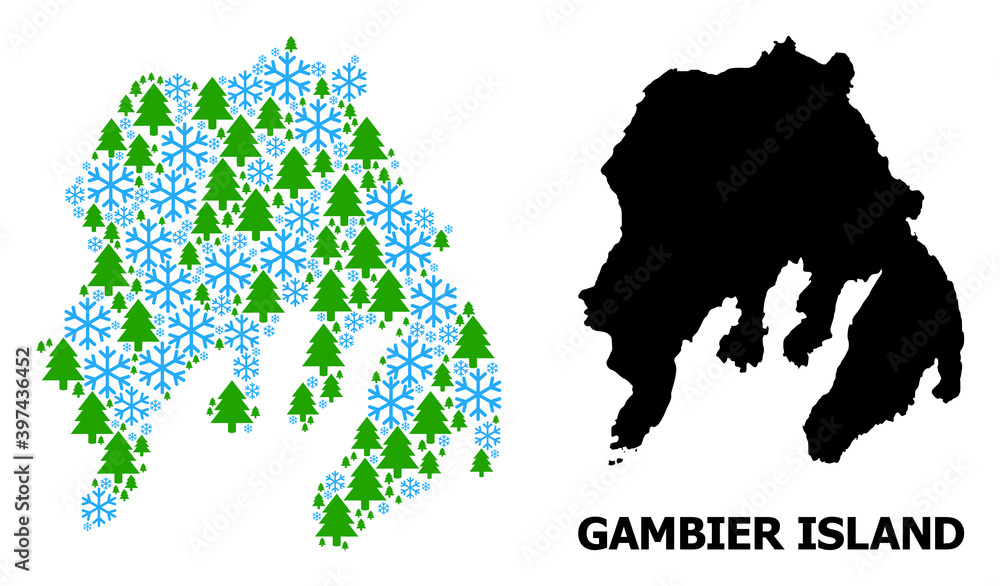 Obraz premium Vector collage map of Gambier Island organized for New Year, Christmas, and winter. Mosaic map of Gambier Island is organized with snow flakes and fir forest.